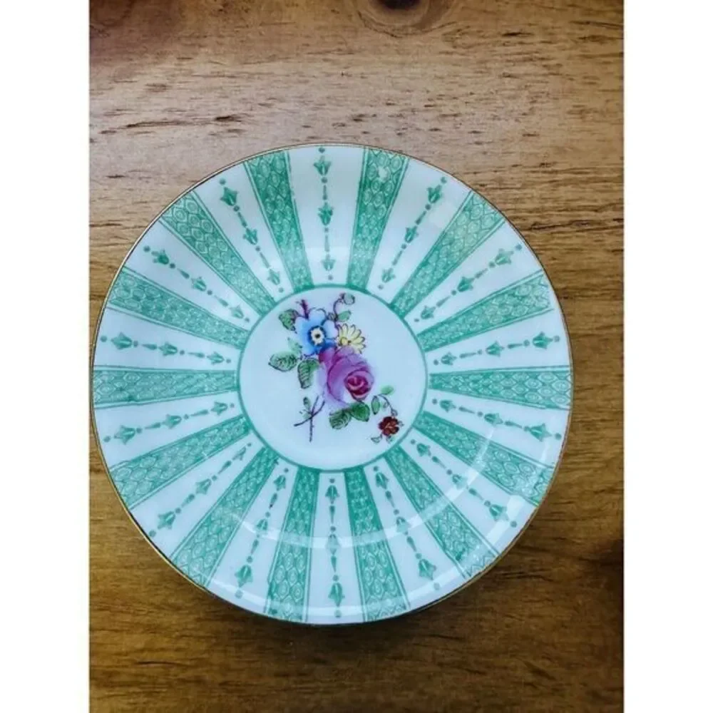 Crown Staffordshire Fine Bone China Demitasse Cup &‎ Saucer Green Lace Pink Rose